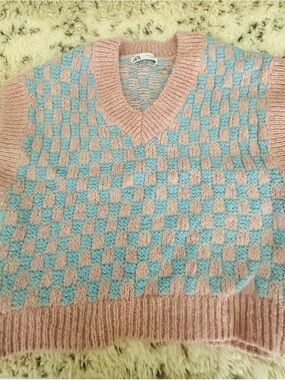 ZARA Pink and Light Blue Checker V-Neck Sweater Vest WOMENS Medium